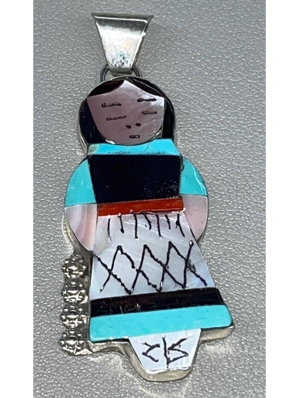 Zuni sterling silver maiden inlay pendant turquoise, coral, mother of pearl
